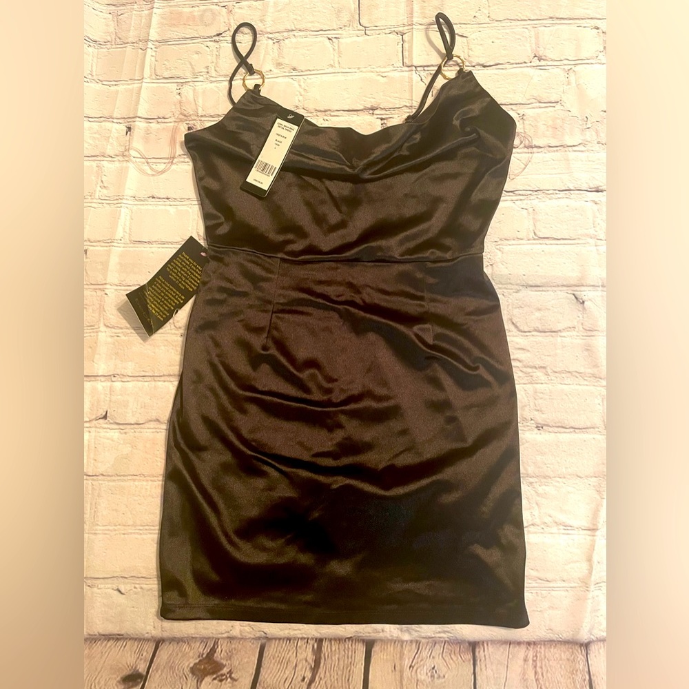 Black satin  cowl neck with gold rings dress